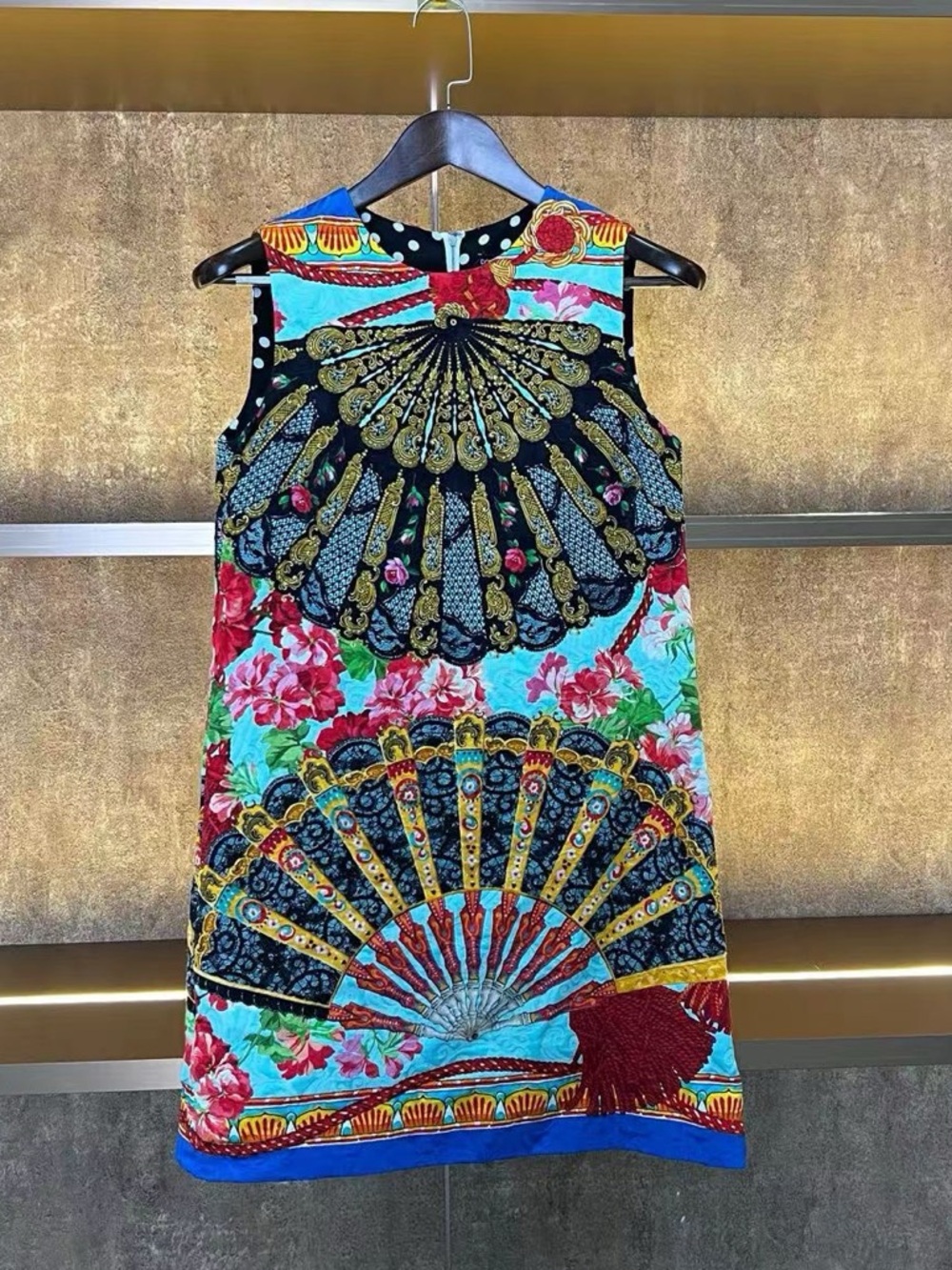 🚩steal Dolce & Gabbana Multicolor Fan-Print Sleeveless Shift Dress